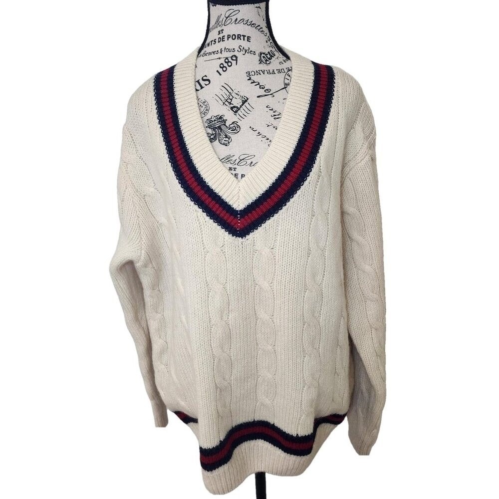 Brandy Melville Nikki Womens Wool Blend Cable Knit V Neck Varsity Sweater OS